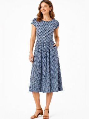 Boden Amelie Jersey Dress Blue Geometric Print Midi Cap Sleeve 4L